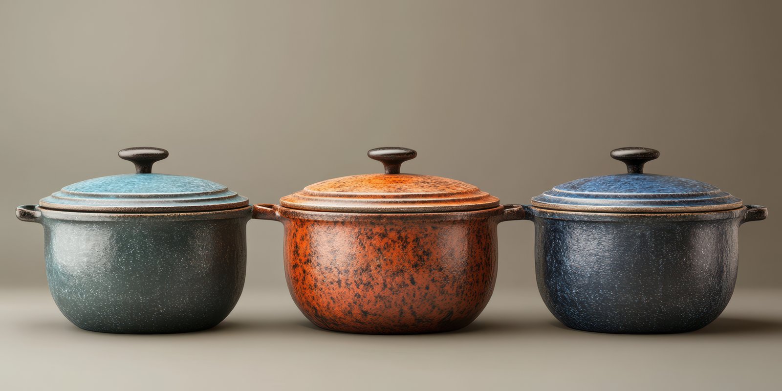 Colorful cooking pots arranged on a neutral background showcasing their unique textures and designs